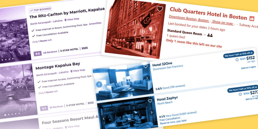 A collage of hotel listings from a booking website, displaying scarcity tactics like “Only 1 room left” and “Last booked for your dates 3 hours ago.” These scarcity cues are designed to drive quick decisions and improve customer retention by creating urgency and encouraging repeat visits to secure deals.| www.genbmarketing.com