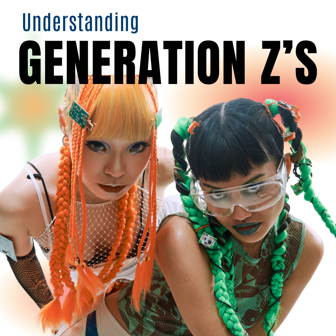 A striking image of two Gen Z individuals styled in futuristic, edgy fashion. One has orange braided hair, and the other has green braids, both wearing bold makeup and futuristic accessories like circuit boards and goggles. The image represents the creative, tech-savvy, and visually expressive nature of Generation Z. The text "Understanding Generation Z's" appears at the top.| www.genbmarketing.com