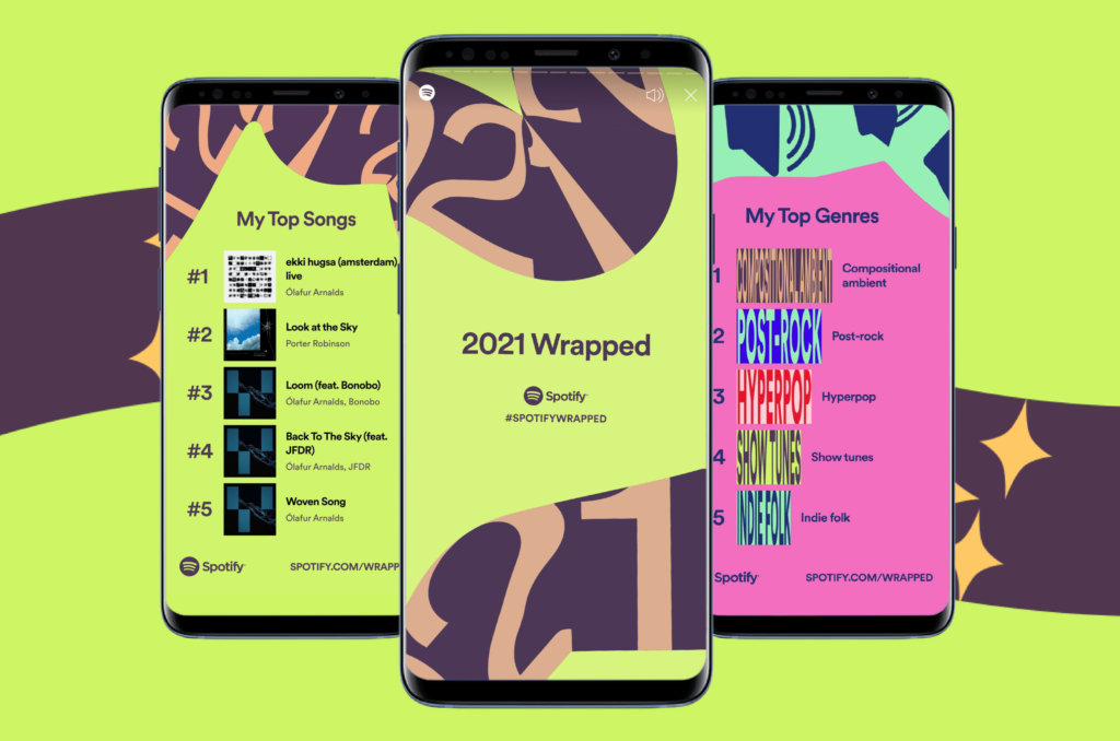 Three mobile phone screens displaying Spotify's "2021 Wrapped" feature. The screens show a user's top songs, top genres, and a colorful, dynamic design celebrating their listening history. The center screen highlights "2021 Wrapped" branding, and the others display top songs like "ekki hugsa" by Ólafur Arnalds and top genres such as post-rock and hyperpop. This represents Spotify’s personalized year-end review, popular for engaging Gen Z by highlighting their unique music preferences.| www.genbmarketing.com